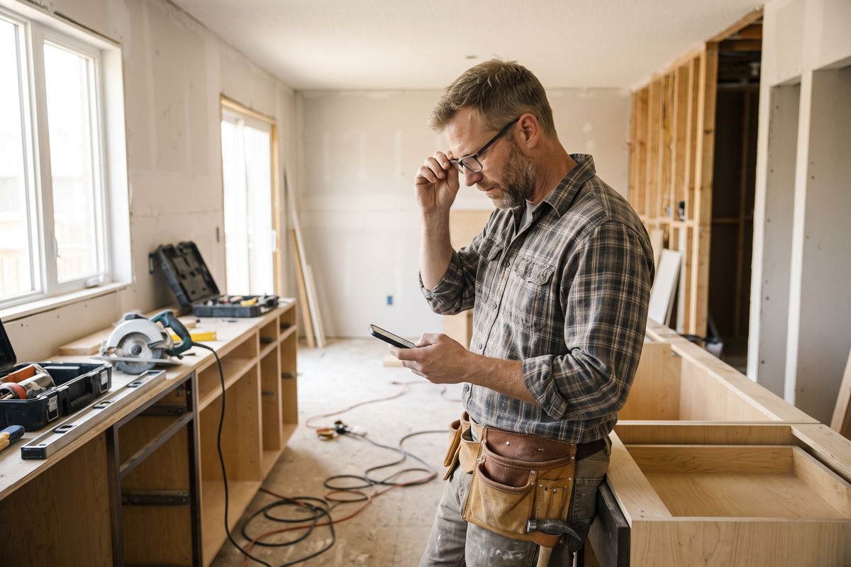A contractor in a half-finished kitchen stops to read a text on his phone