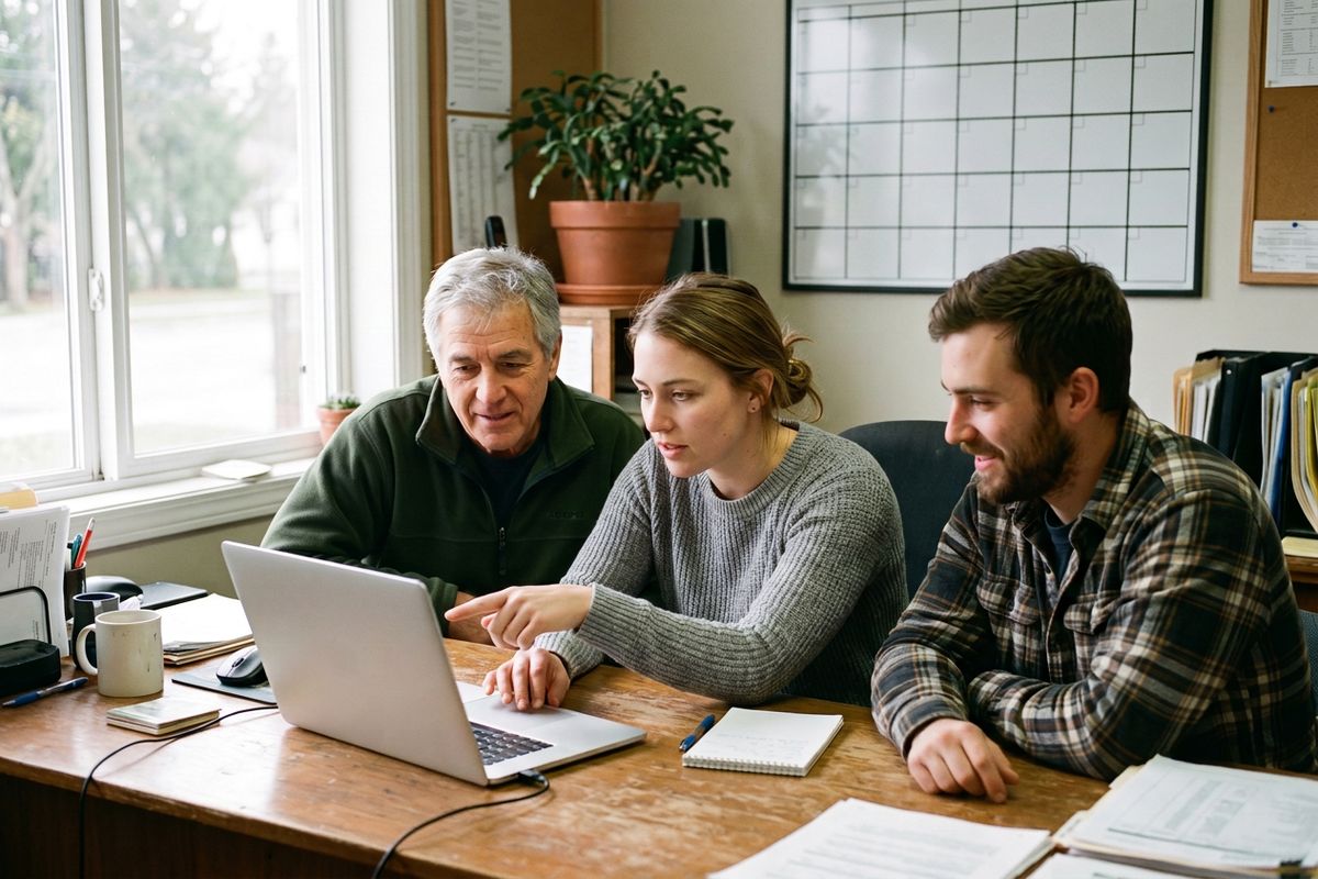 Three people in a small office look at one laptop together